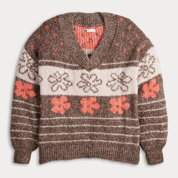 SO Womens V-Neck Pullover Sweater Oversized Chunky Knit Brown Daisy XS - Picture 6 of 12